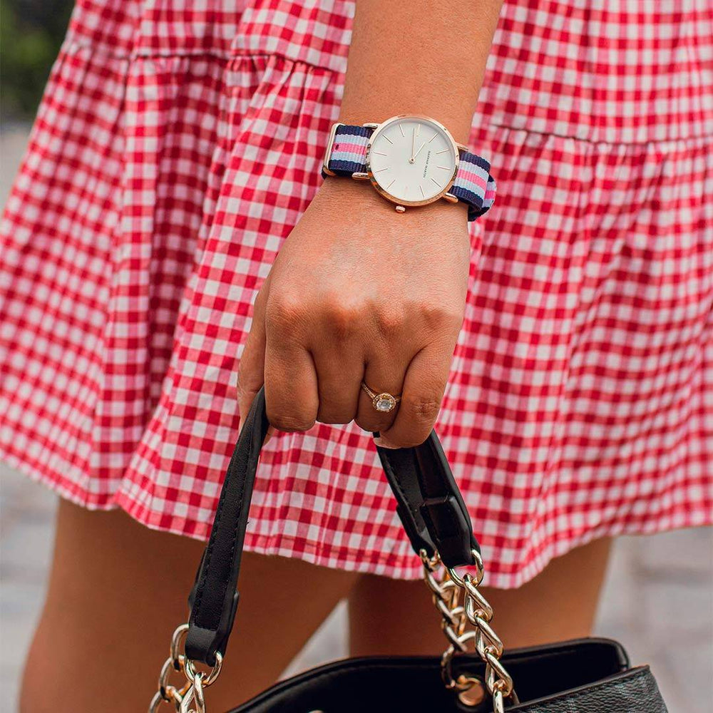 Reloj Hannah Martin Oro Rosa Mujer Esfera Blanca con NATO Azul Rosa Blanco - Diseño Femenino 36mm - Hannah Martin en Perú | Jherr Jewelry