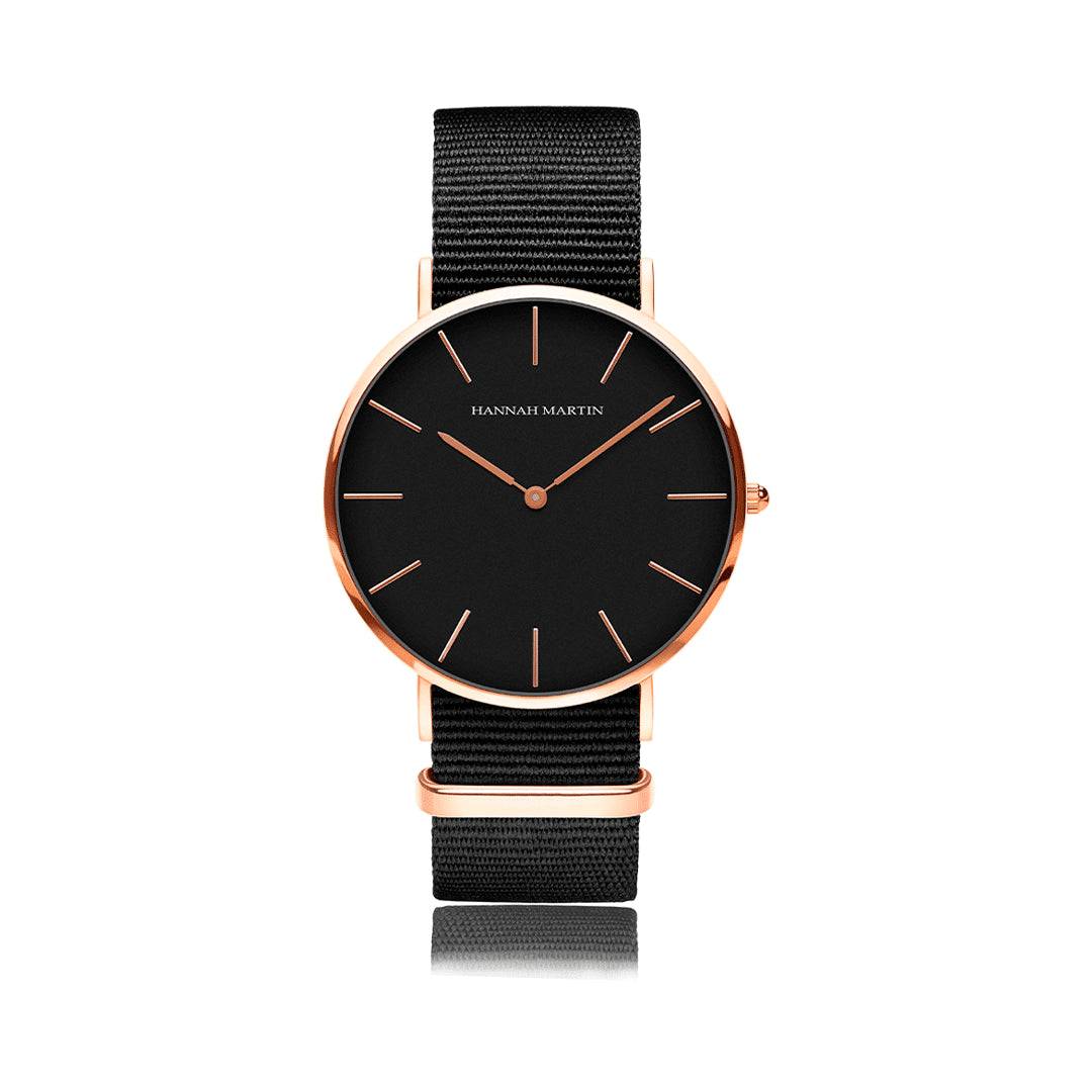 Reloj Hannah Martin Rose Gold Esfera Negra con NATO Negro - Diseño Minimalista Elegante 40mm - Hannah Martin en Perú | Jherr Jewelry