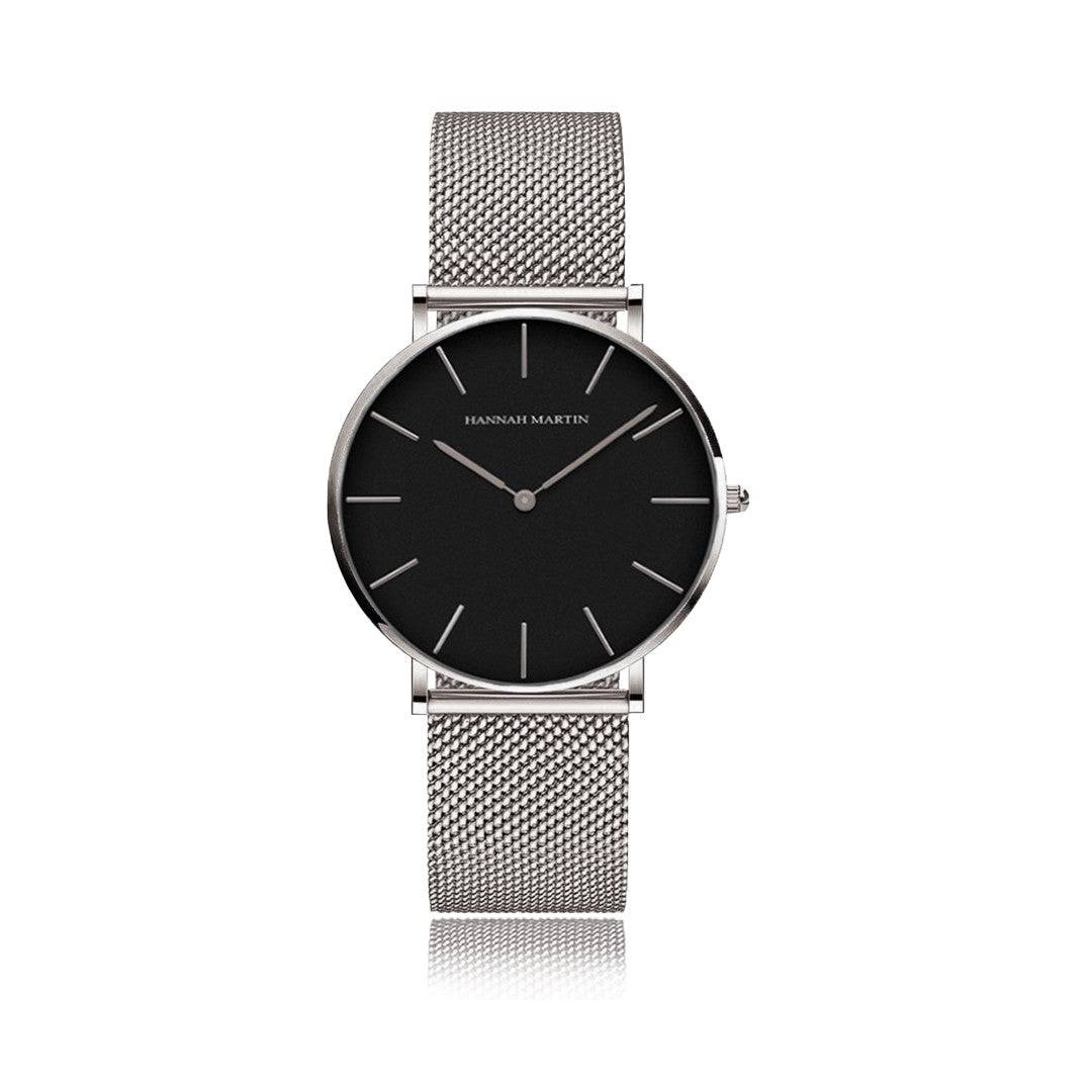 Relojes de Pareja Hannah Martin Plata Esfera Negra con Mesh Plateado - Set Coordinado 40mm/36mm - Hannah Martin en Perú | Jherr Jewelry