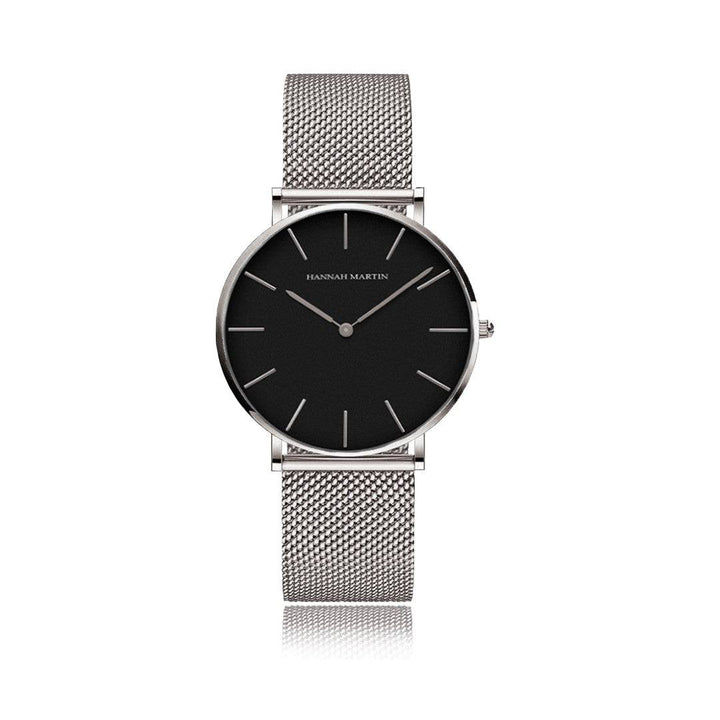Relojes de Pareja Hannah Martin Plata Esfera Negra con Mesh Plateado - Set Coordinado 40mm/36mm - Hannah Martin en Perú | Jherr Jewelry