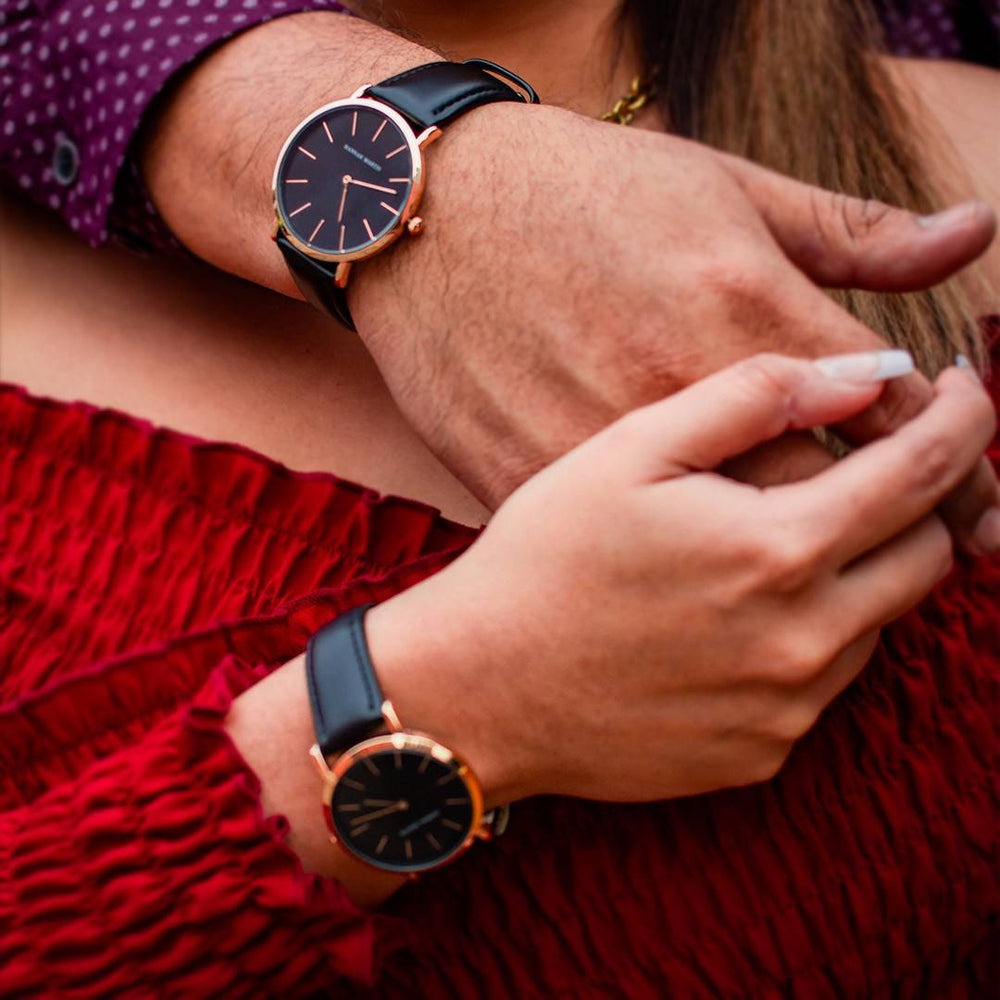 Relojes de Pareja Hannah Martin Rose Gold Esfera Negra con Cuero Negro - Set Sofisticado 40mm/36mm - Hannah Martin en Perú | Jherr Jewelry