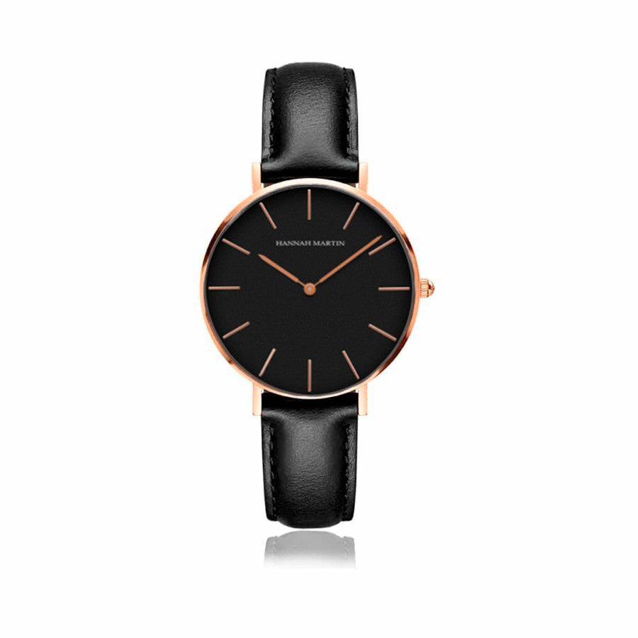 Relojes de Pareja Hannah Martin Rose Gold Esfera Negra con Cuero Negro - Set Sofisticado 40mm/36mm - Hannah Martin en Perú | Jherr Jewelry