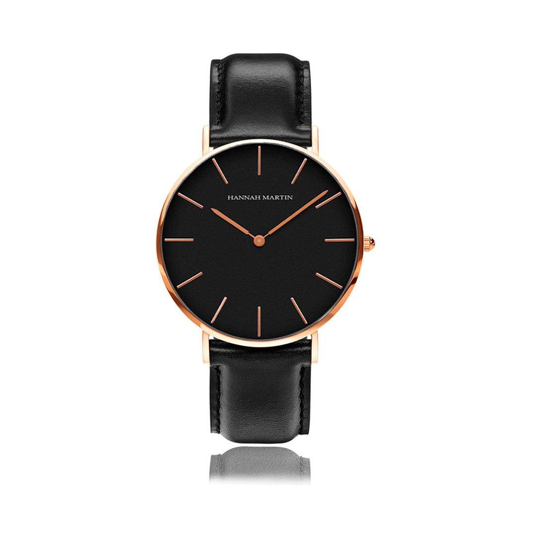 Relojes de Pareja Hannah Martin Rose Gold Esfera Negra con Cuero Negro - Set Sofisticado 40mm/36mm - Hannah Martin en Perú | Jherr Jewelry