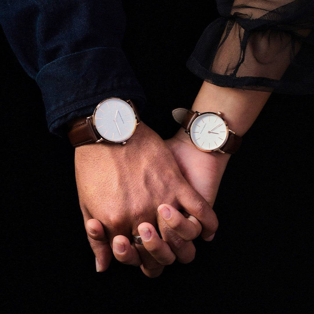 Relojes de Pareja Hannah Martin Rose Gold Cuero Marrón - Conjunto Elegante 40mm/36mm - Hannah Martin en Perú | Jherr Jewelry