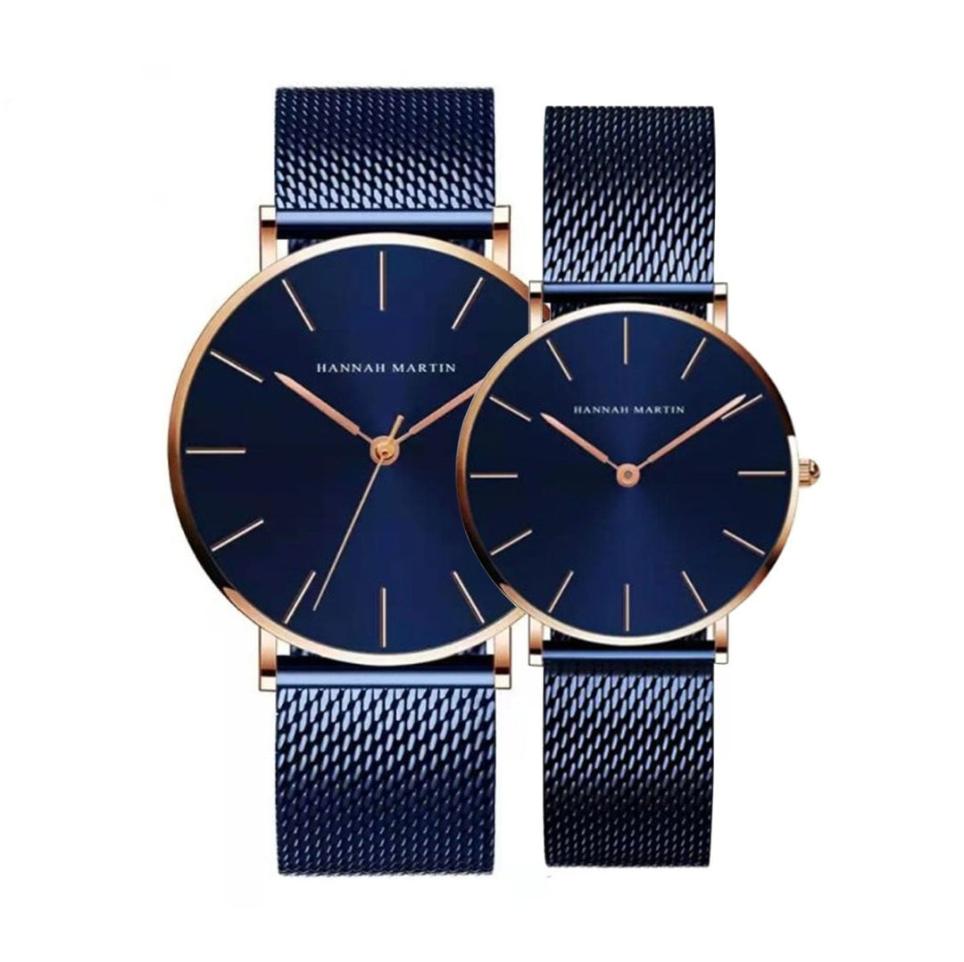 Relojes de Pareja Hannah Martin Oro Rosa Esfera Azul con Mesh Azul - Set Coordinado 40mm/36mm - Hannah Martin en Perú | Jherr Jewelry