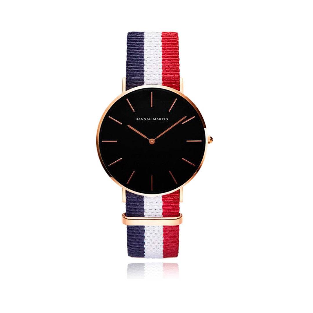 Reloj Hannah Martin Oro Rosa Mujer Esfera Negra con Correa NATO Francesa - Diseño Náutico 36mm - Hannah Martin en Perú | Jherr Jewelry