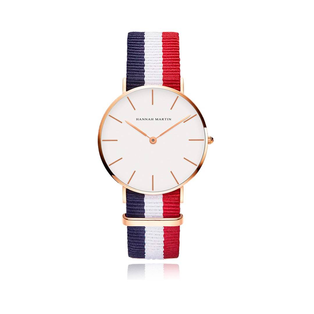 Reloj Hannah Martin Oro Rosa Esfera Blanca con Correa NATO Tricolor - Diseño Náutico 36mm - Hannah Martin en Perú | Jherr Jewelry