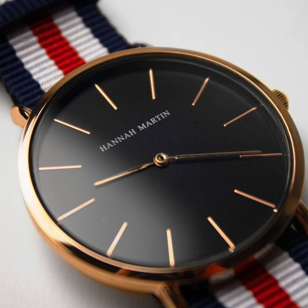 Reloj Hannah Martin Oro Rosa Esfera Negra con Correa NATO - Diseño Deportivo 40mm - Hannah Martin en Perú | Jherr Jewelry