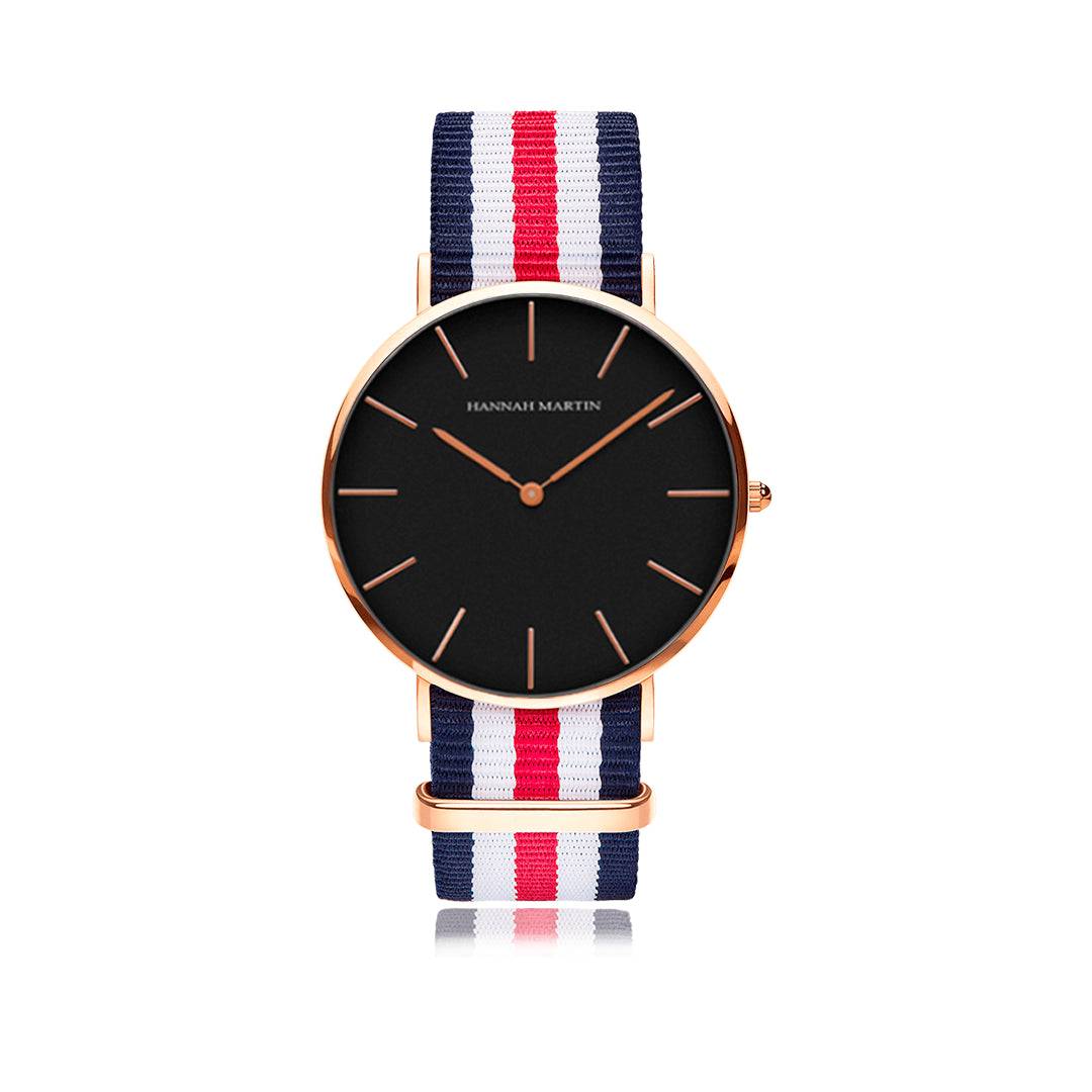 Reloj Hannah Martin Oro Rosa Esfera Negra con Correa NATO - Diseño Deportivo 40mm - Hannah Martin en Perú | Jherr Jewelry
